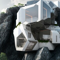 epic white modern cube shape with rounded corners no sharp angles fluid futuristic shape house copper amber trims windows house in extreme nonsupport cantilever on side of hill with trees and  - obrazy, fototapety, plakaty