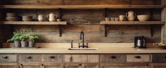 A rustic kitchen with a farmhouse sink, the wooden backsplash empty for recipes or culinary quotes.