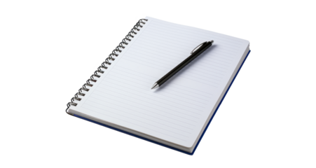 spring notepad with pen side view, png file of isolated cutout object on transparent background.