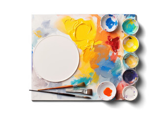 palette with gouache paints and brush, png file of isolated cutout object with shadow on transparent background.