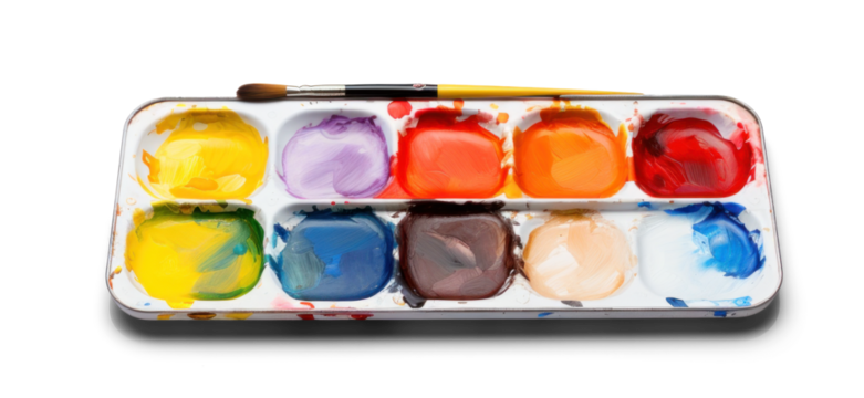 palette of gouache paints and brush, png file of isolated cutout object with shadow on transparent background.