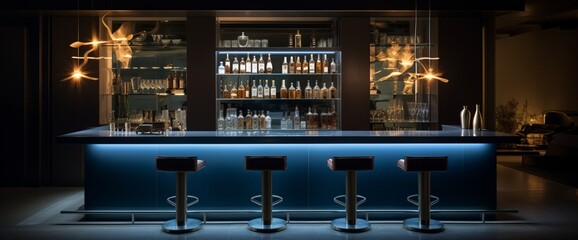 A sleek modern bar counter with high stools, the backlit shelves offering ample space for drink recipes or branding. - obrazy, fototapety, plakaty