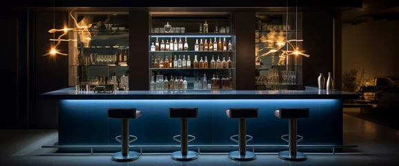 Foto op Plexiglas A sleek modern bar counter with high stools, the backlit shelves offering ample space for drink recipes or branding. © AI Aesthete