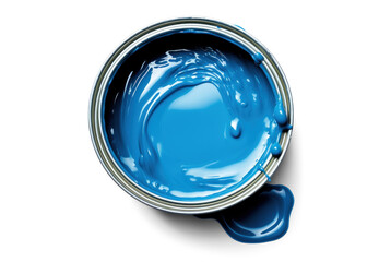 large open can of blue paint with drips, png file of isolated cutout object with shadow on transparent background.