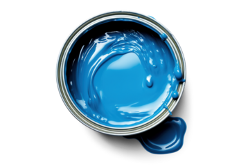 large open can of blue paint with drips, png file of isolated cutout object with shadow on transparent background.