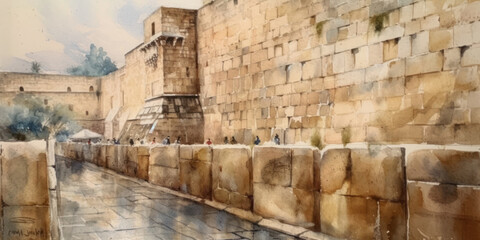 Fototapeta premium Wailing wall in the ancient temple of Jerusalem. Generative AI