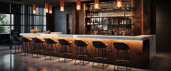 Foto op Plexiglas A sleek modern bar counter with high stools, the backlit shelves offering ample space for drink recipes or branding. © AQ Arts