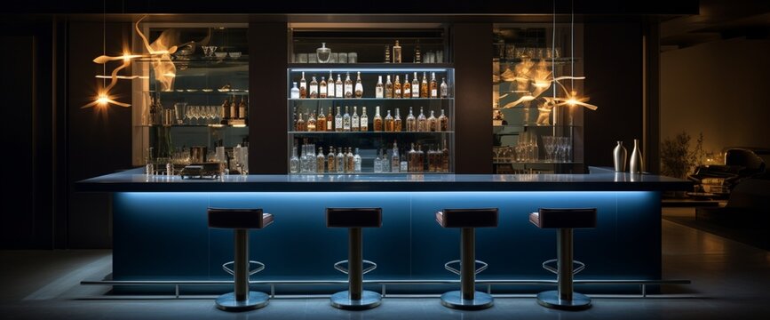 A sleek modern bar counter with high stools, the backlit shelves offering ample space for drink recipes or branding.