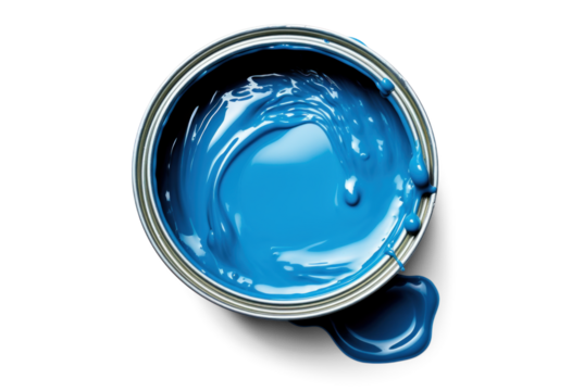 large open can of blue paint with drips, png file of isolated cutout object with shadow on transparent background.