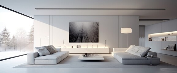 Fototapeta na wymiar A sleek modern living room with a vast white wall, ideal for artistic projections.