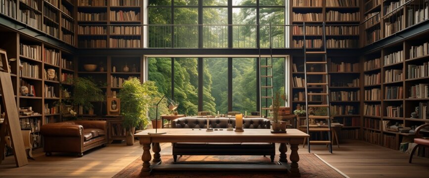 A spacious home library with towering bookshelves, the central reading table against a vast wall for text.
