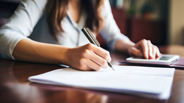 Close-up of a woman's hand elegantly writing with silver pen on official documents, resting on a polished wooden desk in a lawyer's or notary's office, or a sophisticated study room