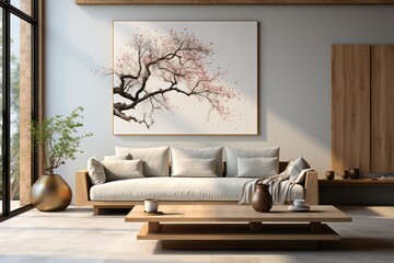 Zen living room with minimalistic furniture, soothing colors, and Asian decor
