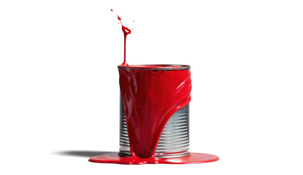 large open used can of red paint with drips, png file of isolated cutout object with shadow on transparent background.
