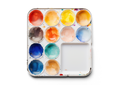 palette with a set of watercolor paints, png file of isolated cutout object with shadow on transparent background.
