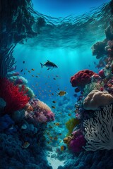 Fototapeta na wymiar Under water detailed coral reef at the bottom clear water Photorealistic 8k resolution extremely detailed deep water 