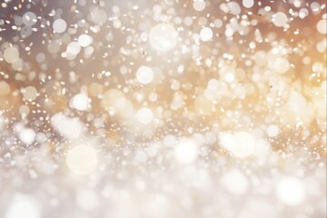 Abstract Beige Bokeh Burst on White Sparkly Background. Festive Glittering Christmas Lights in Blurred and Blinking Beige Bokeh.