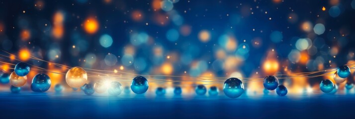 Abstract Christmas Background: Glowing Bokeh Lights and Holiday Decorations in Dark Blue Illumination