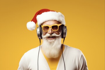 Crazy Santa Claus DJ: Fun Christmas Nightclub Party with Dance, Music, and Festive Celebration on Yellow Background