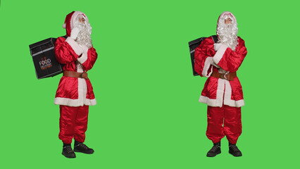 Santa claus in red suit with backpack working as deliveryman during christmas eve, full body...