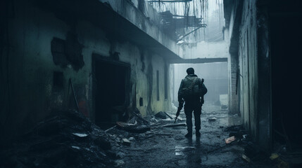 Fototapeta premium Confronting the Aftermath: Soldier in War-Torn Building, Generative AI