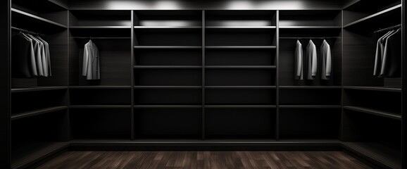 An empty walk-in closet, the shelves and racks awaiting fashion tips or text.