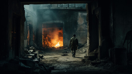 Urban Warrior: Soldier Braving the Torn Landscape, Generative AI