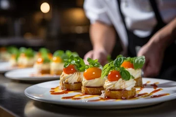 Master chef cook man hands precisely cooking dressing preparing tasty fresh delicious mouthwatering gourmet dish food on plate to customers 5-star michelin restaurant kitchen close-up detailed artwork