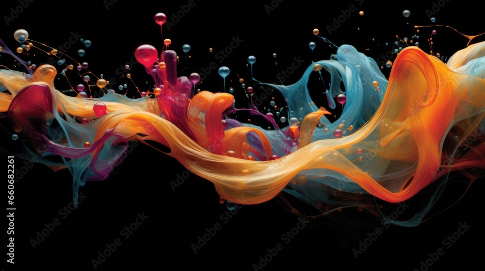 Poster a black background with a colorful swirl of liquid. generative ai.