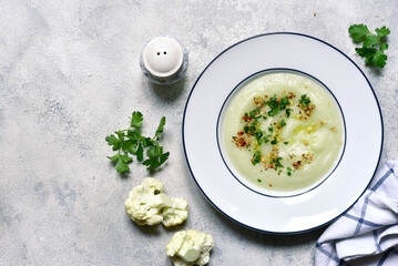 Thick cauliflower soup. Top view with copy space.