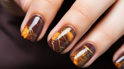 A woman's hand with a brown and gold manicure. A nail polish design. Generative AI.	