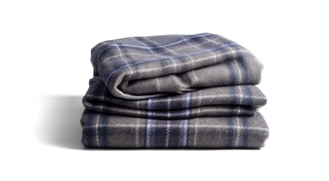 folded warm wool checkered plaid blanket, png file of isolated cutout object with shadow on transparent background.