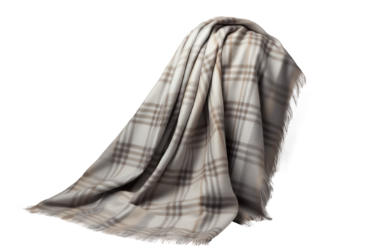 hanging wrapped warm woolen checkered plaid blanket, png file of isolated cutout object with shadow on transparent background.