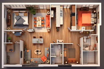 3D illustration of a top-view floor plan for an open concept living apartment layout. Generative AI - obrazy, fototapety, plakaty