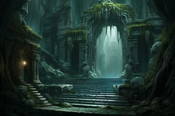 An entrance to a mystical underground temple. Generative AI - obrazy, fototapety, plakaty