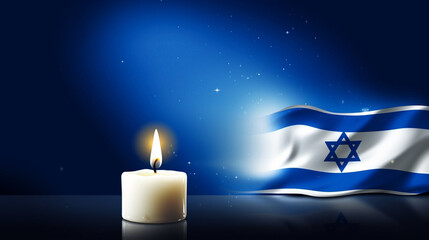 vector illustration, stockphoto, White candle with the david star, symbol of Israel on a blue background with israeli flag. Copy space available. Hope an pray for Israel and the israeli people. Stop w