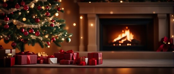 Christmas tree with presents and fireplace, wide photo - obrazy, fototapety, plakaty