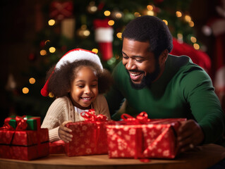 Fototapeta na wymiar African American father and young daughter looking at Christmas presents with excitement. Against Christmas background Both are smiling. Narrow depth of field with focus on faces.