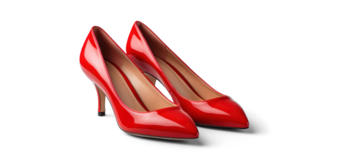 red women's classic leather heels, png file of isolated cutout object with shadow on transparent background.