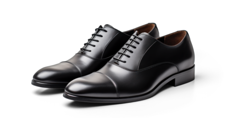 black leather classic men's shoes, png file of isolated cutout object with shadow on transparent background.
