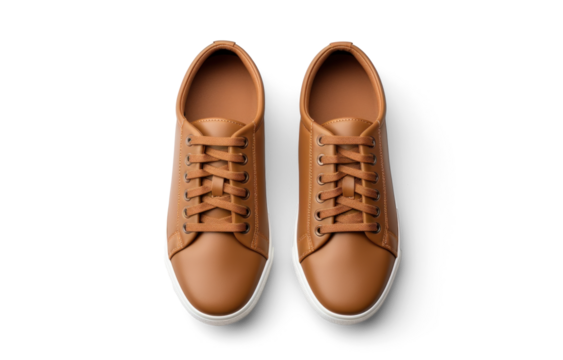 top view brown leather men's shoes, png file of isolated cutout object with shadow on transparent background.