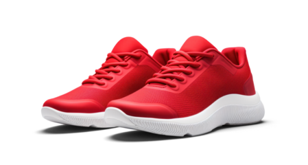 red running sneakers mockup, png file of isolated cutout object with shadow on transparent background.