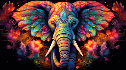 Colorful painting of a elephant with creative abstract elements as background. Generative AI.