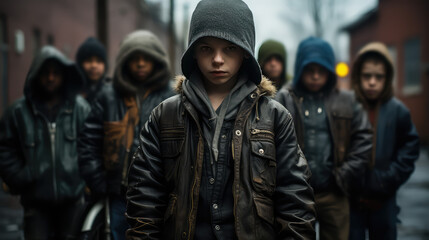 A street gang of teenage homeless boys. Destructive behavior among youth, gangs, juvenile delinquency and robbery. - obrazy, fototapety, plakaty
