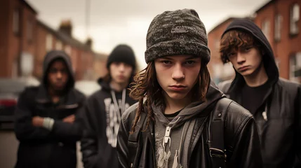 Fotobehang A street gang of teenage homeless boys. Destructive behavior among youth, gangs, juvenile delinquency and robbery. © dinastya