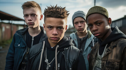 A street gang of teenage homeless boys. Destructive behavior among youth, gangs, juvenile delinquency and robbery.