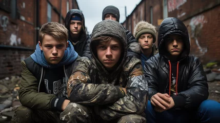 Foto op Aluminium A street gang of teenage homeless boys. Destructive behavior among youth, gangs, juvenile delinquency and robbery. © dinastya