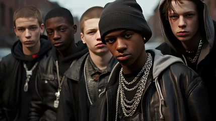 Fotobehang A street gang of teenage homeless boys. Destructive behavior among youth, gangs, juvenile delinquency and robbery. © dinastya