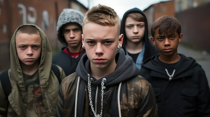 A street gang of teenage homeless boys. Destructive behavior among youth, gangs, juvenile delinquency and robbery. - obrazy, fototapety, plakaty
