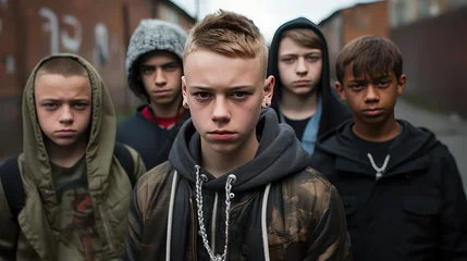 Foto op Aluminium A street gang of teenage homeless boys. Destructive behavior among youth, gangs, juvenile delinquency and robbery. © dinastya